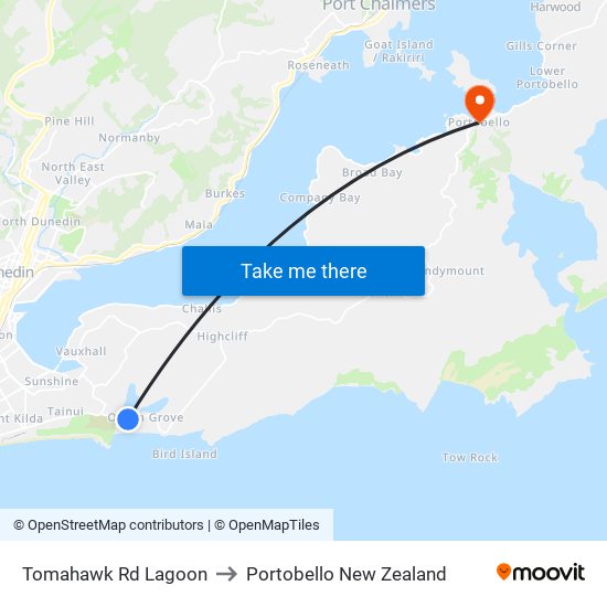 Tomahawk Rd Lagoon to Portobello New Zealand map