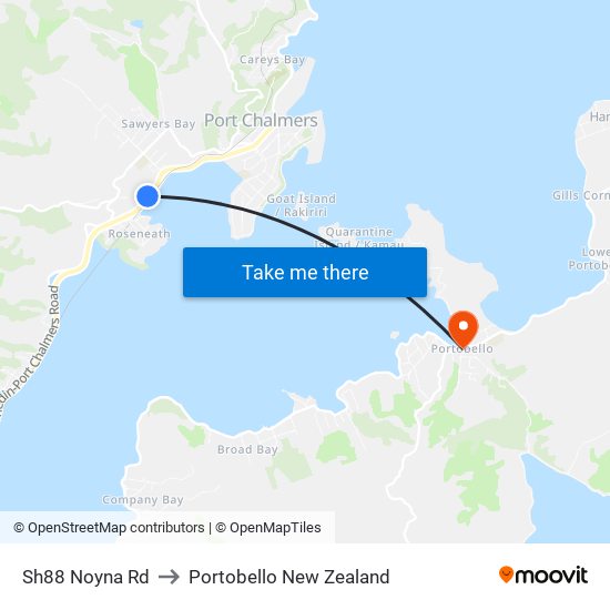 Sh88 Noyna Rd to Portobello New Zealand map