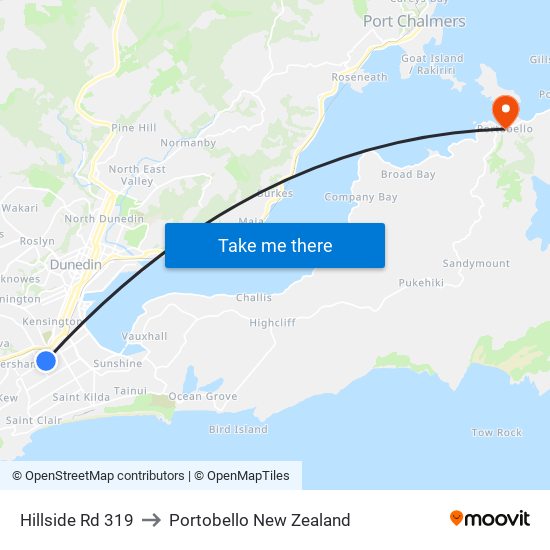 Hillside Rd 319 to Portobello New Zealand map