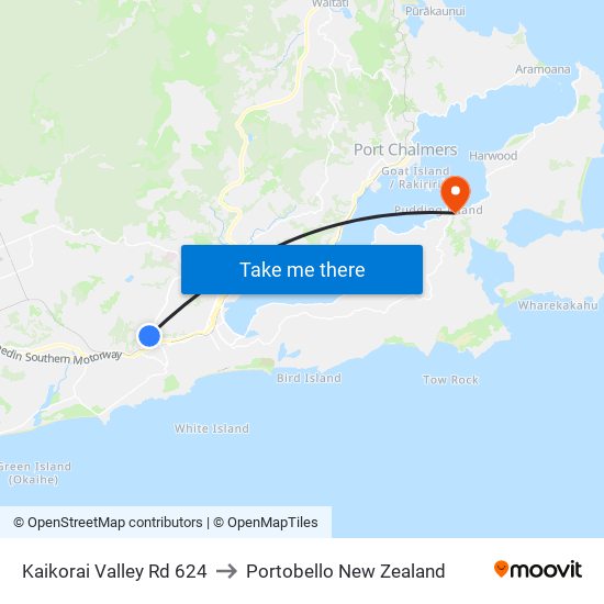 Kaikorai Valley Rd 624 to Portobello New Zealand map