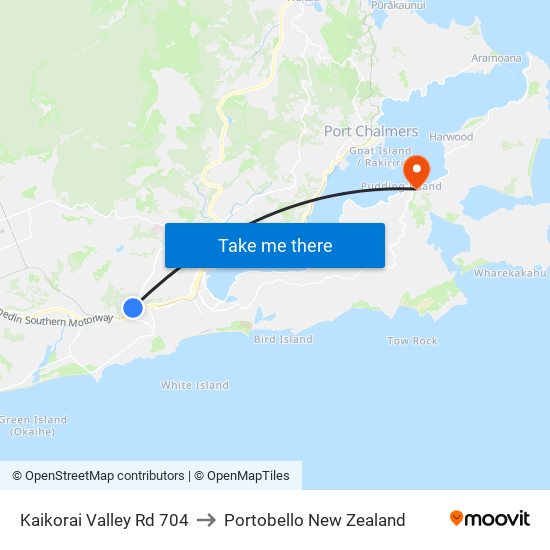 Kaikorai Valley Rd 704 to Portobello New Zealand map