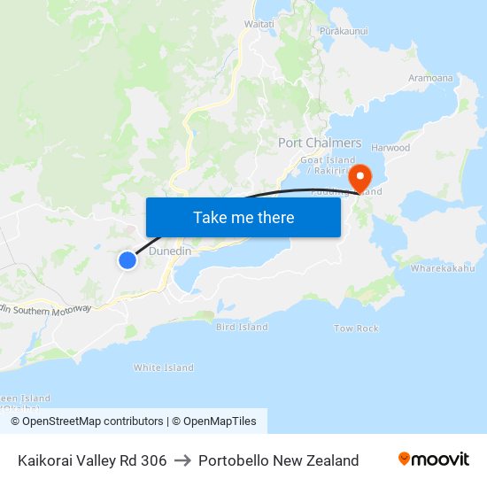Kaikorai Valley Rd 306 to Portobello New Zealand map