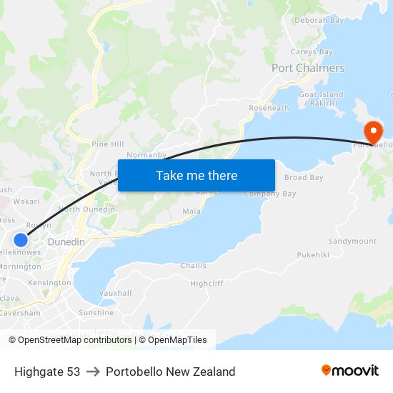 Highgate 53 to Portobello New Zealand map