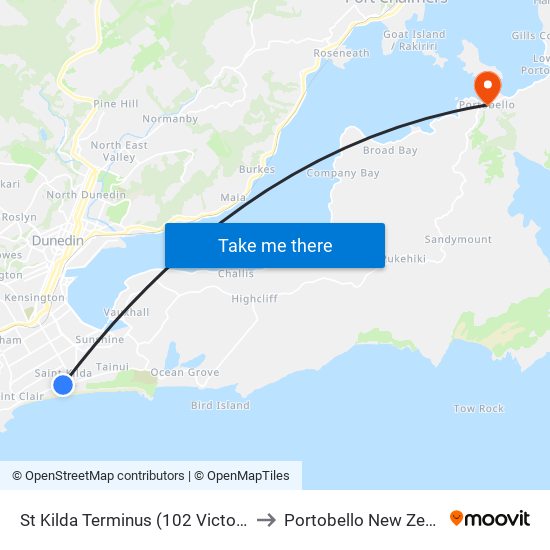 St Kilda Terminus (102 Victoria Rd) to Portobello New Zealand map
