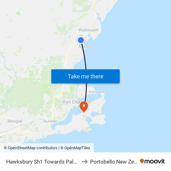 Hawksbury Sh1 Towards Palmerston to Portobello New Zealand map