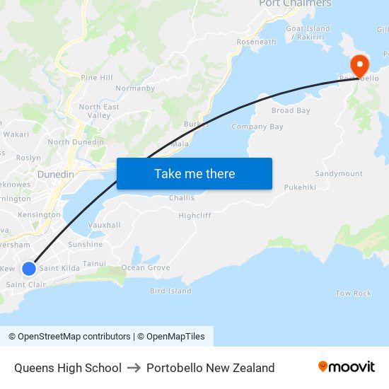 Queens High School to Portobello New Zealand map