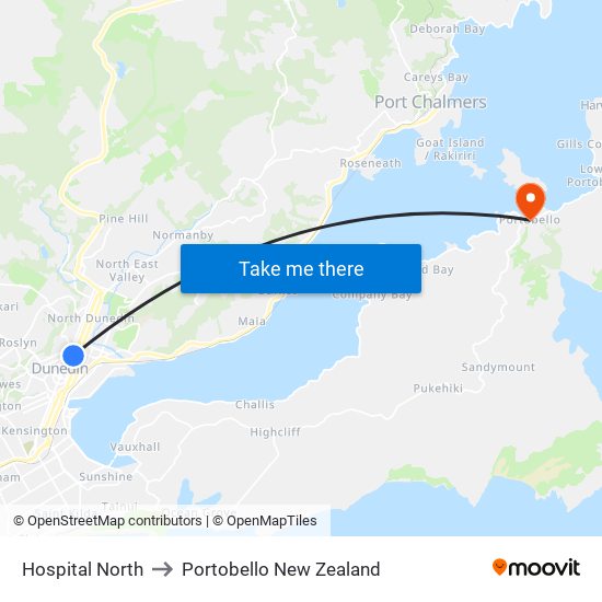 Hospital North to Portobello New Zealand map