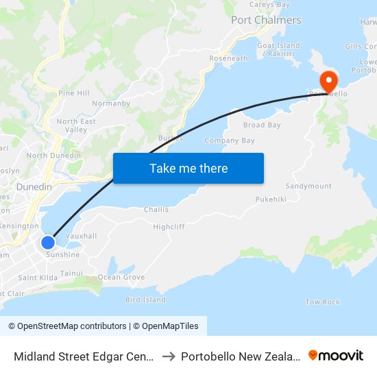 Midland Street Edgar Centre to Portobello New Zealand map