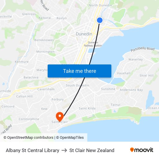 Albany St Central Library to St Clair New Zealand map