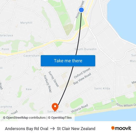 Andersons Bay Rd Oval to St Clair New Zealand map