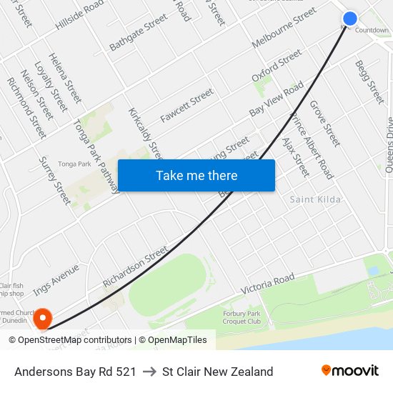 Andersons Bay Rd 521 to St Clair New Zealand map