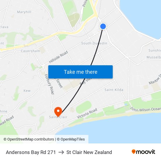 Andersons Bay Rd 271 to St Clair New Zealand map