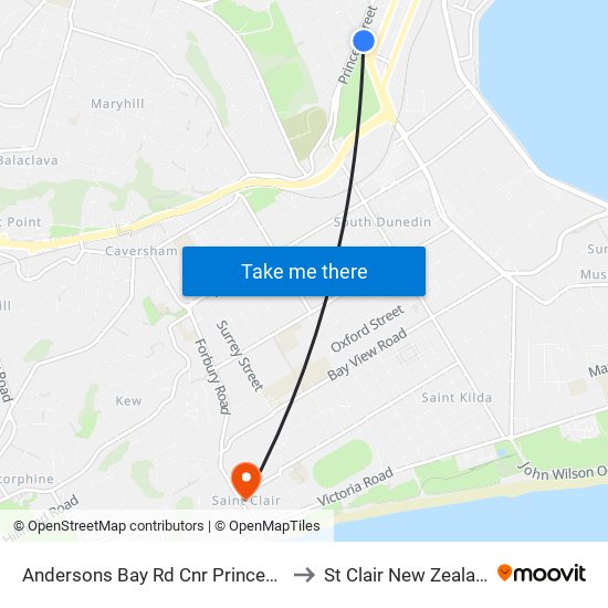 Andersons Bay Rd Cnr Princes St to St Clair New Zealand map