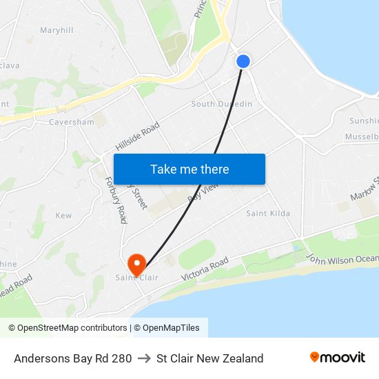 Andersons Bay Rd 280 to St Clair New Zealand map