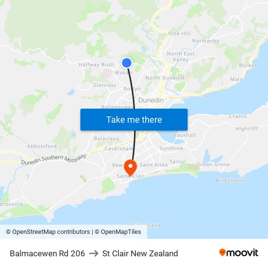 Balmacewen Rd 206 to St Clair New Zealand map
