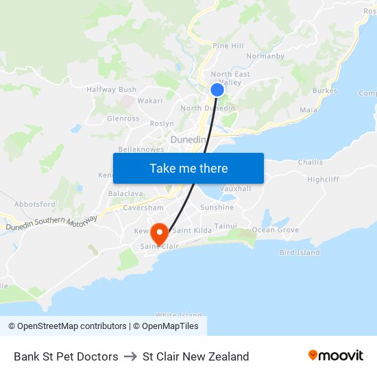 Bank St Pet Doctors to St Clair New Zealand map