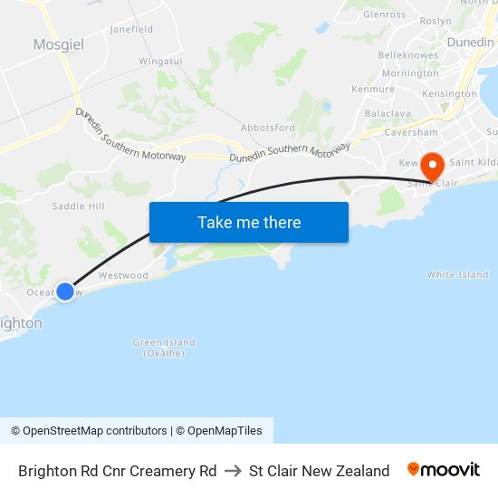 Brighton Rd Cnr Creamery Rd to St Clair New Zealand map