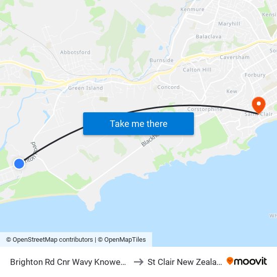 Brighton Rd Cnr Wavy Knowes Dr to St Clair New Zealand map