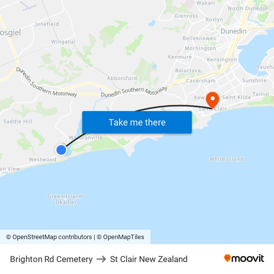 Brighton Rd Cemetery to St Clair New Zealand map