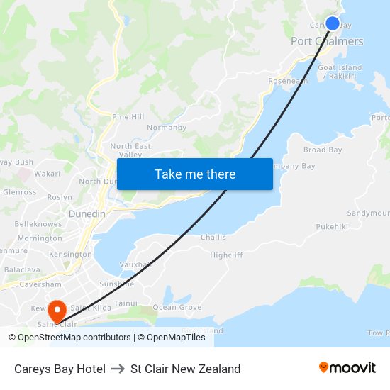Careys Bay Hotel to St Clair New Zealand map