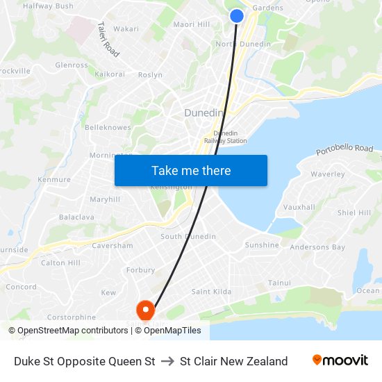 Duke St Opposite Queen St to St Clair New Zealand map