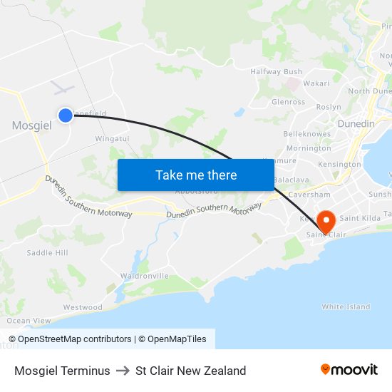 Mosgiel Terminus to St Clair New Zealand map