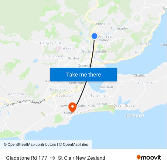 Gladstone Rd 177 to St Clair New Zealand map