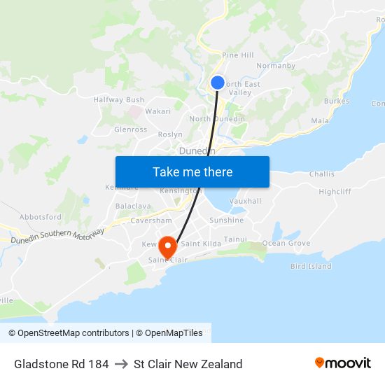 Gladstone Rd 184 to St Clair New Zealand map