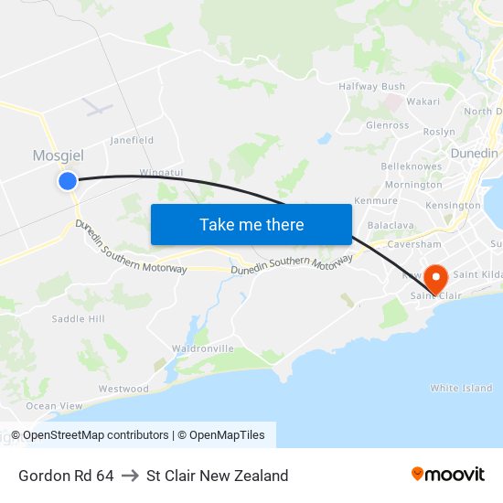 Gordon Rd 64 to St Clair New Zealand map