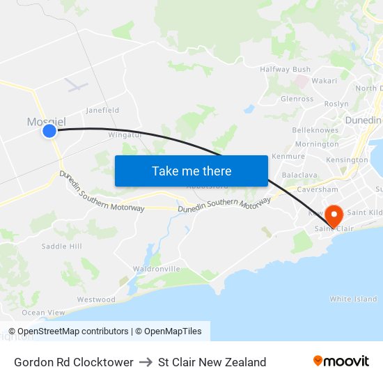 Gordon Rd Clocktower to St Clair New Zealand map