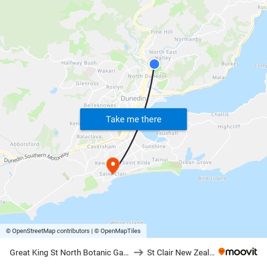 Great King St North Botanic Gardens to St Clair New Zealand map