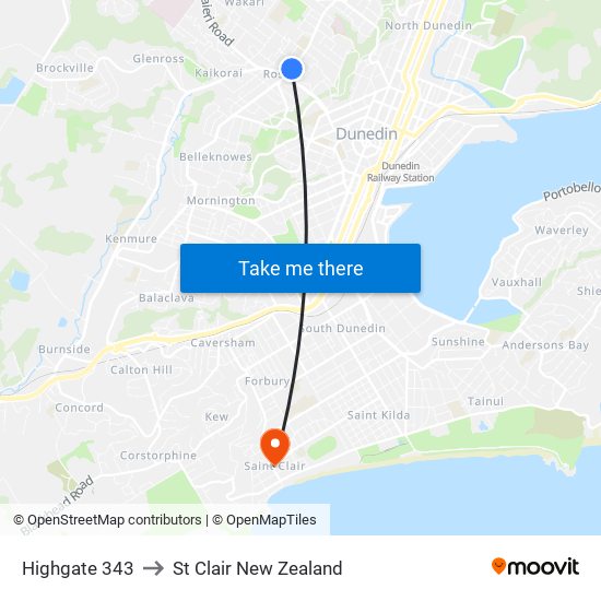 Highgate 343 to St Clair New Zealand map