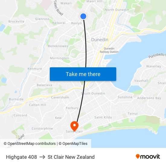 Highgate 408 to St Clair New Zealand map