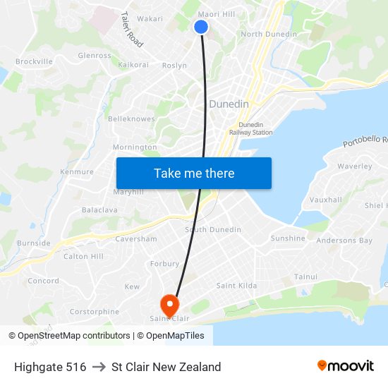 Highgate 516 to St Clair New Zealand map