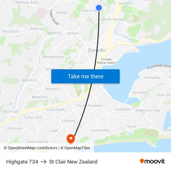 Highgate 734 to St Clair New Zealand map