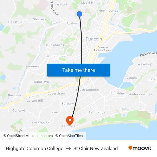 Highgate Columba College to St Clair New Zealand map