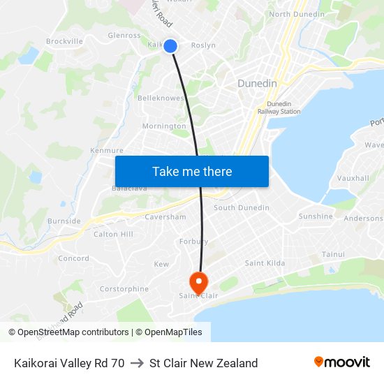 Kaikorai Valley Rd 70 to St Clair New Zealand map