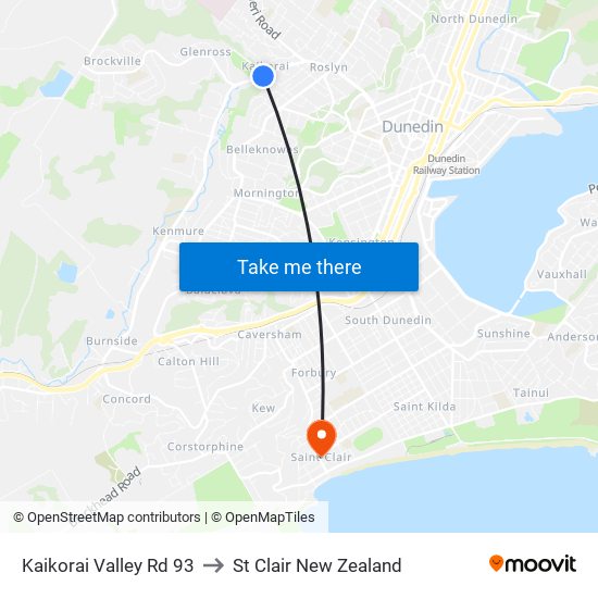 Kaikorai Valley Rd 93 to St Clair New Zealand map