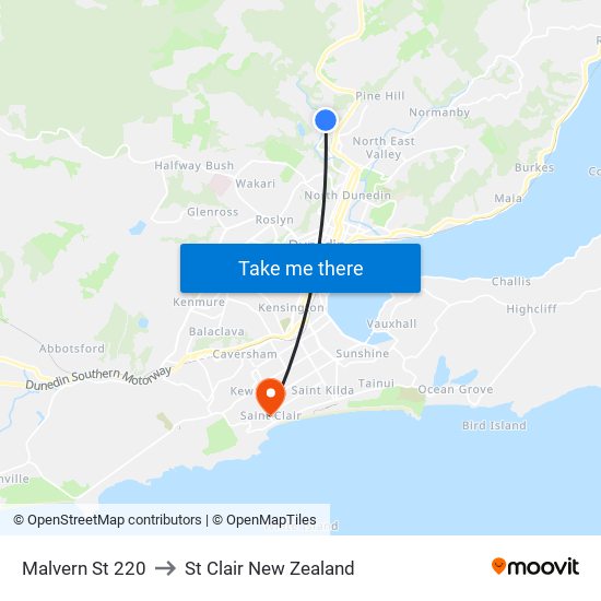 Malvern St 220 to St Clair New Zealand map