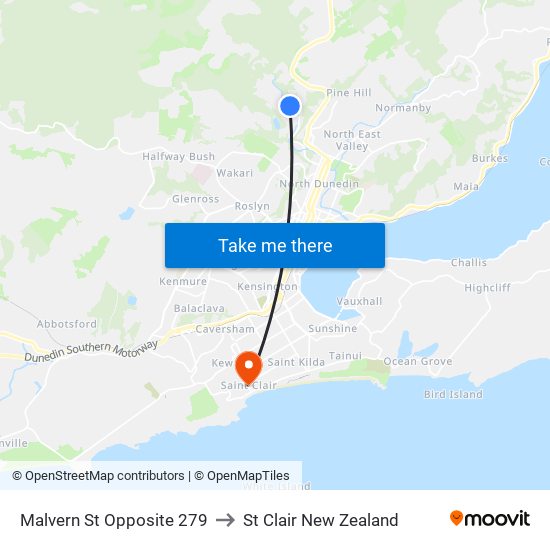 Malvern St Opposite 279 to St Clair New Zealand map