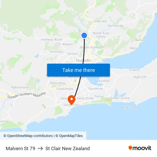 Malvern St 79 to St Clair New Zealand map