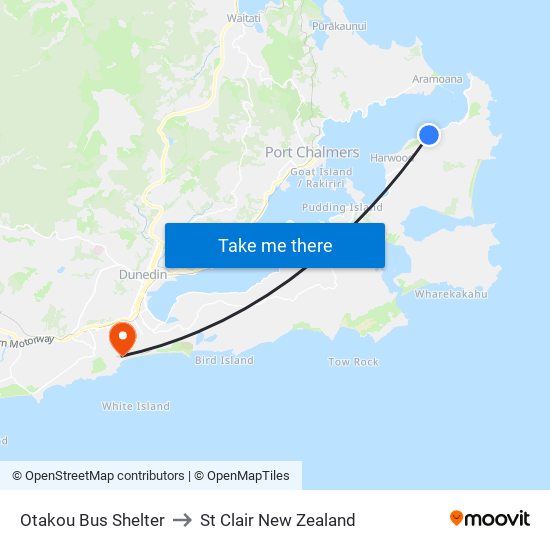 Otakou Bus Shelter to St Clair New Zealand map