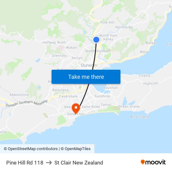 Pine Hill Rd 118 to St Clair New Zealand map