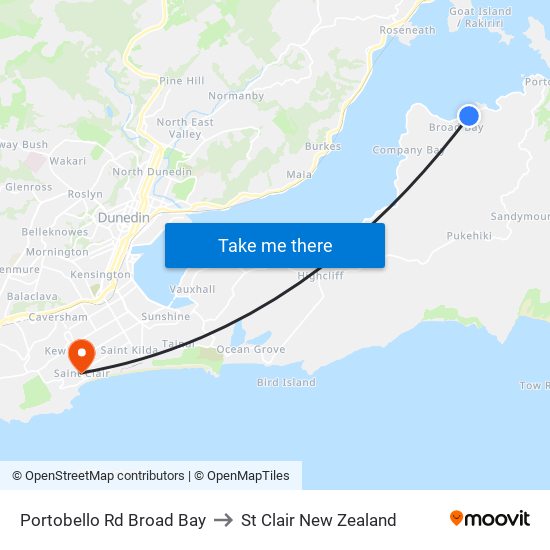 Portobello Rd Broad Bay to St Clair New Zealand map