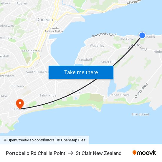 Portobello Rd Challis Point to St Clair New Zealand map