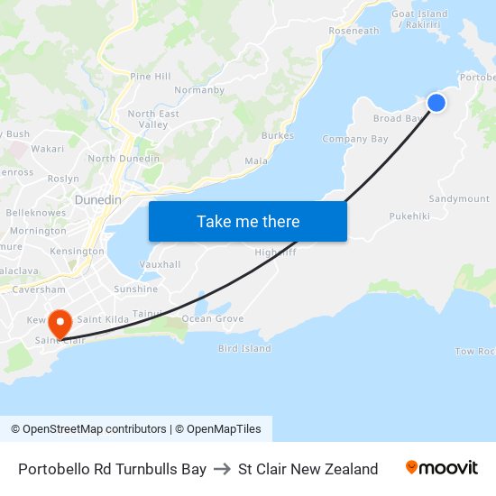 Portobello Rd Turnbulls Bay to St Clair New Zealand map