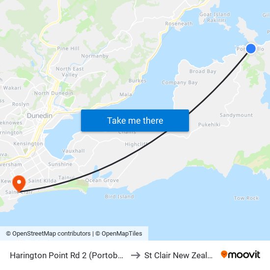 Harington Point Rd 2 (Portobello) to St Clair New Zealand map