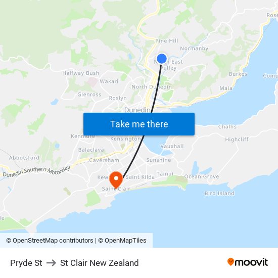 Pryde St to St Clair New Zealand map