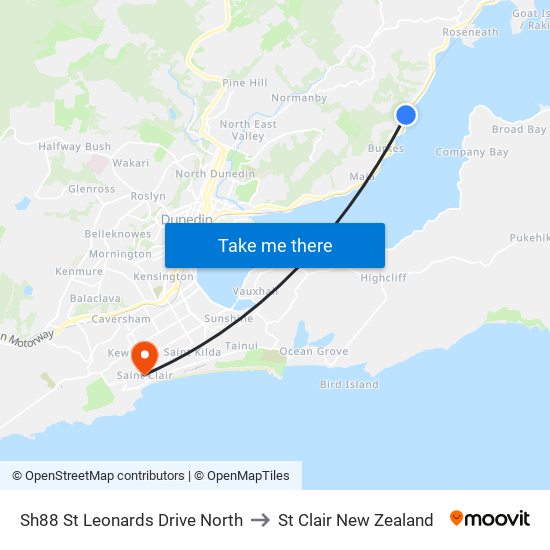 Sh88 St Leonards Drive North to St Clair New Zealand map