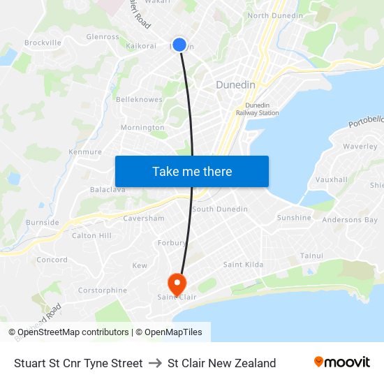 Stuart St Cnr Tyne Street to St Clair New Zealand map